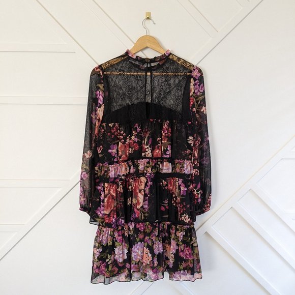 Zara black lace floral tiered ruffle boho dress M - Picture 9 of 11